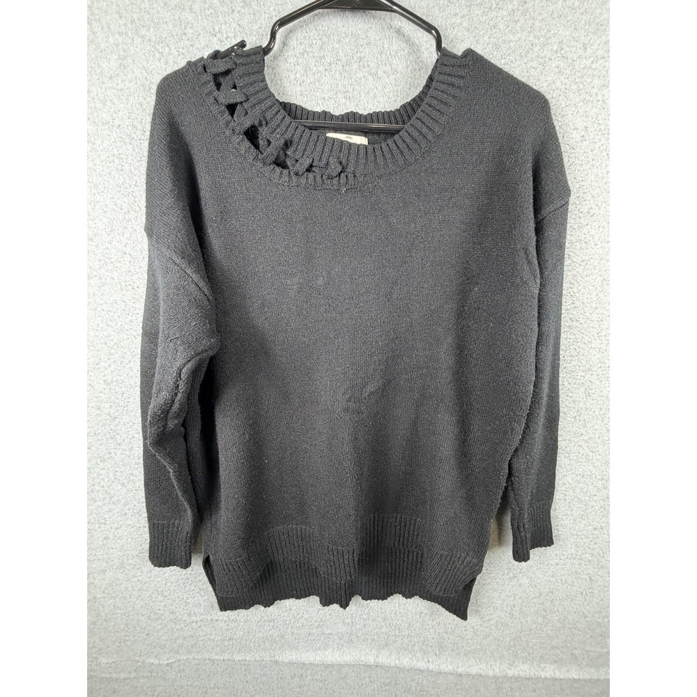 Entro Sweater Womens Medium Black Crew Neck Strap Detail Pullover Long Sleeve
